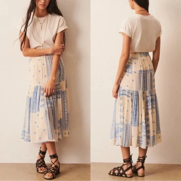 Ba sh Jupe Ionder Bandana Printed Midi Skirt Size 2 Medium NWT Ecru